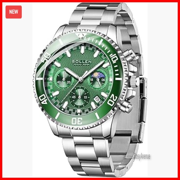 Men's Stainless Steel Chronograph Watch with Date Moon Phase Waterproof